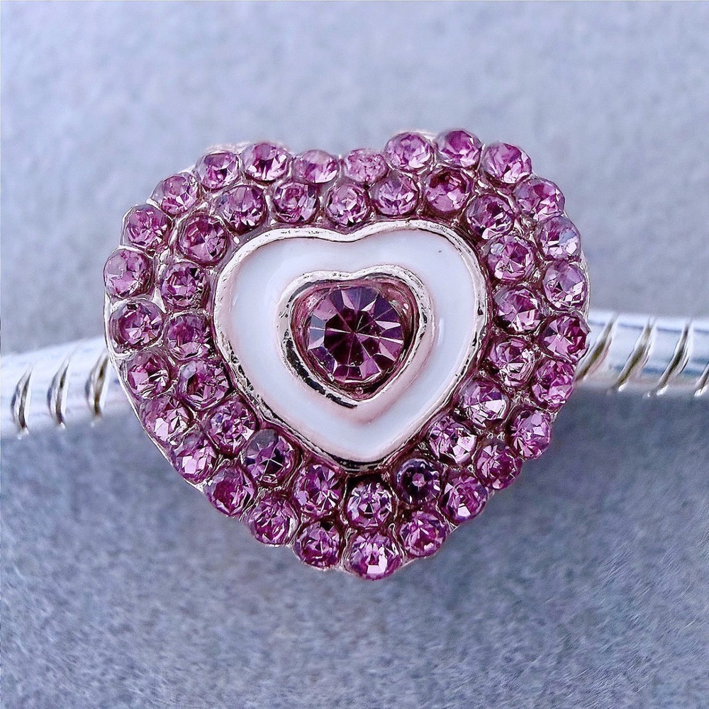 Pink Pave Heart Crystal White Enamel Rose Gold Charm Bead fits PANDORA